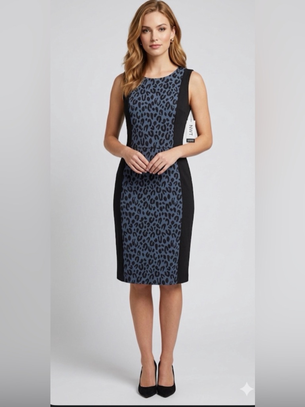 Kasper Blue Leopard Print Midi Dress with Black Panels Women’s size 4 NWT